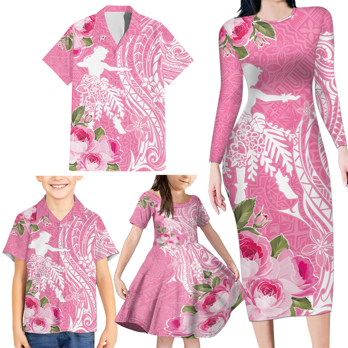 Personalised Hawaii Wahine Family Matching Long Sleeve Bodycon Dress and Hawaiian Shirt Women's Day Maui Lokelani Roses LT7 - Polynesian Pride