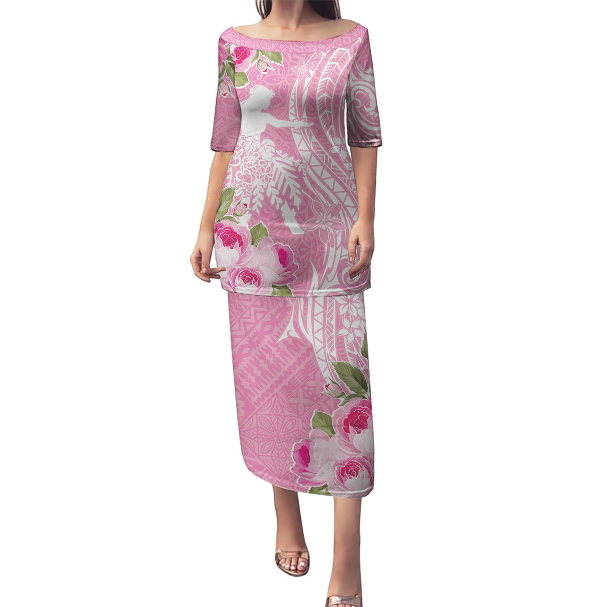 Personalised Hawaii Wahine Puletasi Women's Day Maui Lokelani Roses LT7 Long Dress Pink - Polynesian Pride
