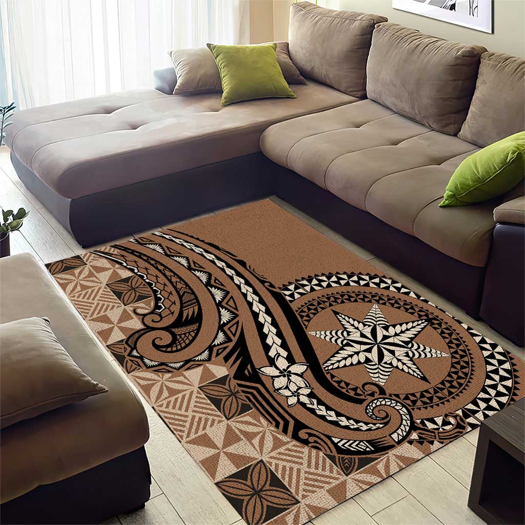 Tonga Ngatu Area Rug Vintage Brown Manulua Motifs
