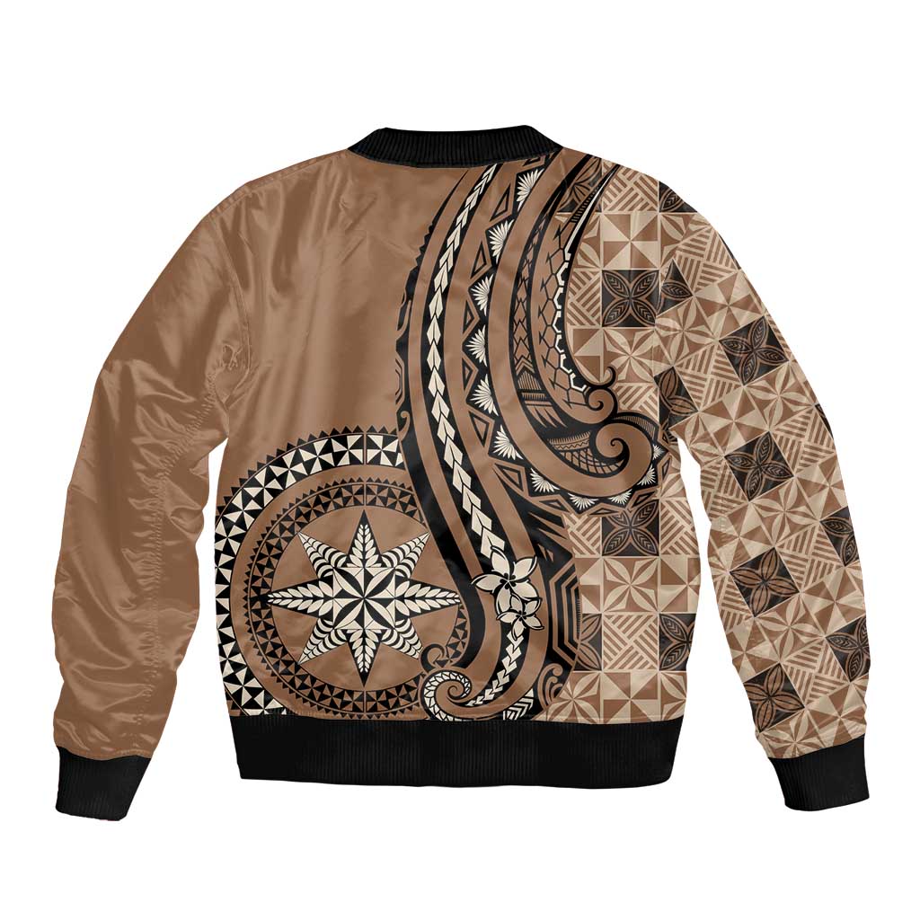 Personalized Tonga Ngatu Bomber Jacket Vintage Brown Manulua Motifs