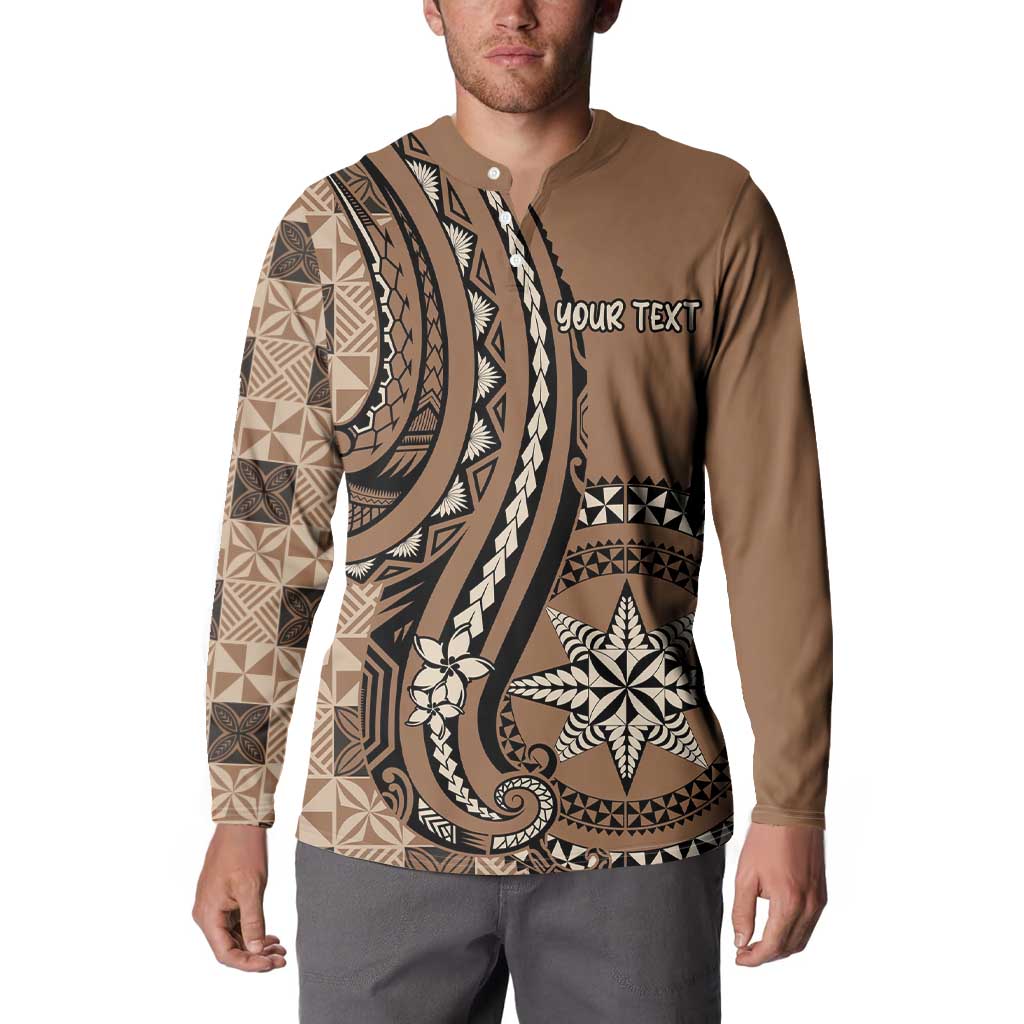 Personalized Tonga Ngatu Button Sweatshirt Vintage Brown Manulua Motifs