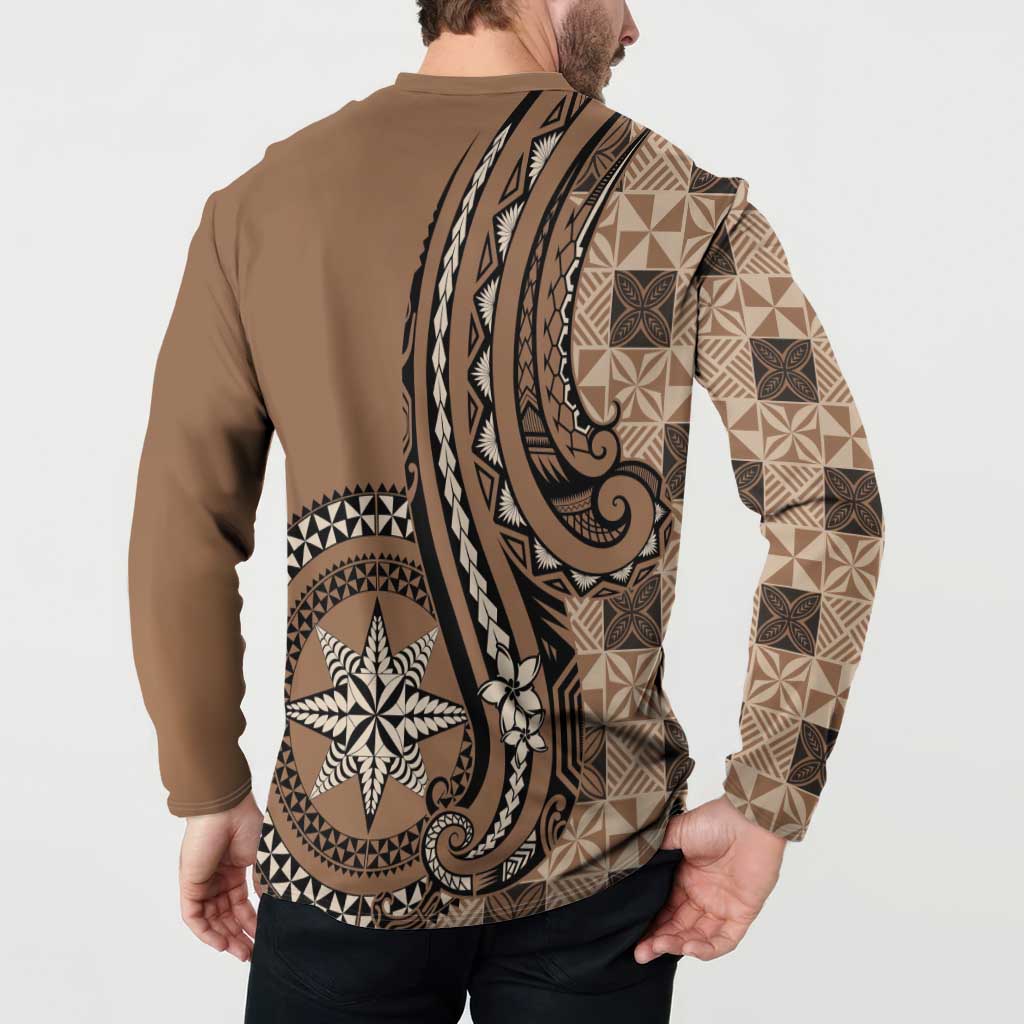 Personalized Tonga Ngatu Button Sweatshirt Vintage Brown Manulua Motifs