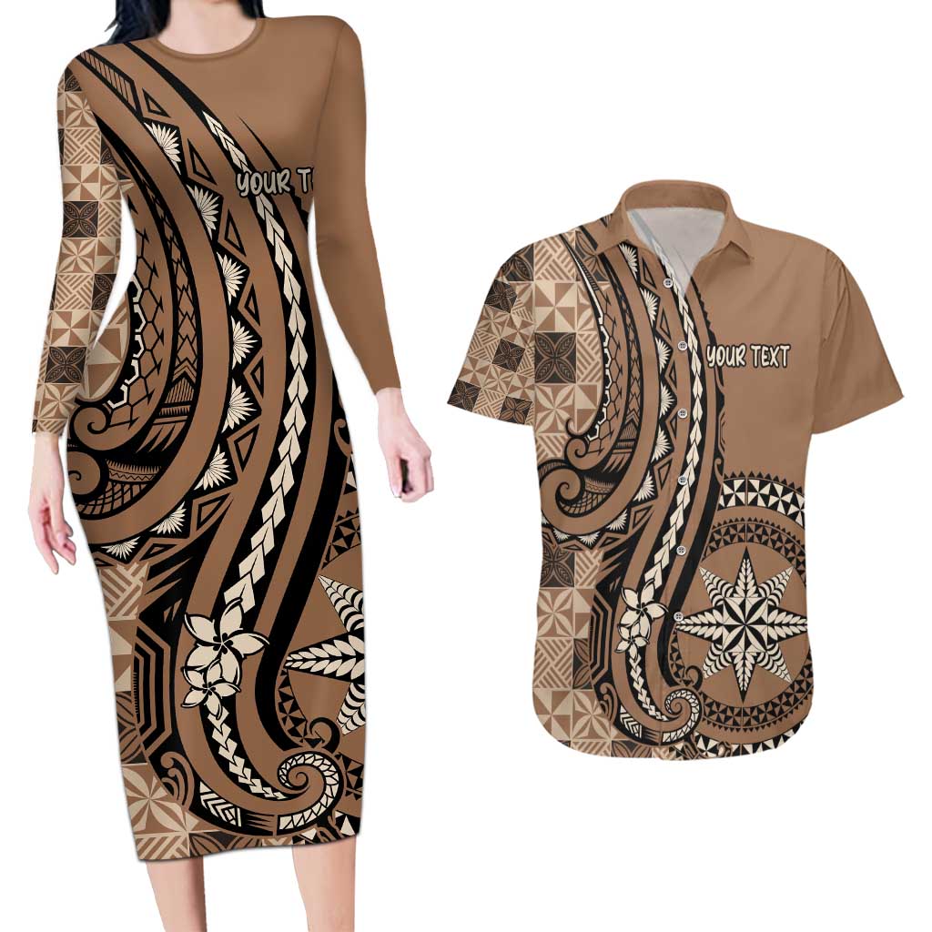 Personalized Tonga Ngatu Couples Matching Long Sleeve Bodycon Dress and Hawaiian Shirt Vintage Brown Manulua Motifs