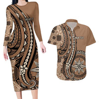 Personalized Tonga Ngatu Couples Matching Long Sleeve Bodycon Dress and Hawaiian Shirt Vintage Brown Manulua Motifs