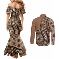 Personalized Tonga Ngatu Couples Matching Mermaid Dress and Long Sleeve Button Shirt Vintage Brown Manulua Motifs