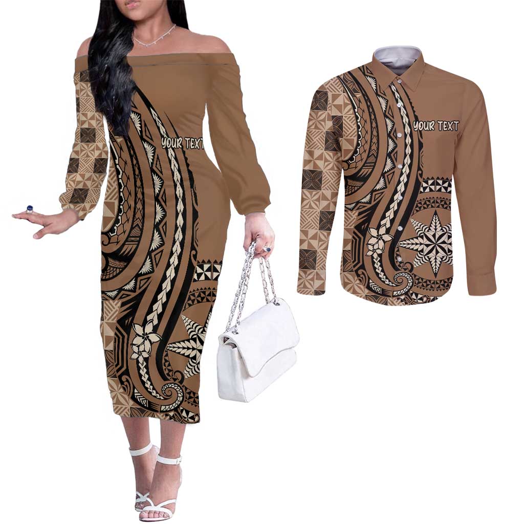 Personalized Tonga Ngatu Couples Matching Off The Shoulder Long Sleeve Dress and Long Sleeve Button Shirt Vintage Brown Manulua Motifs