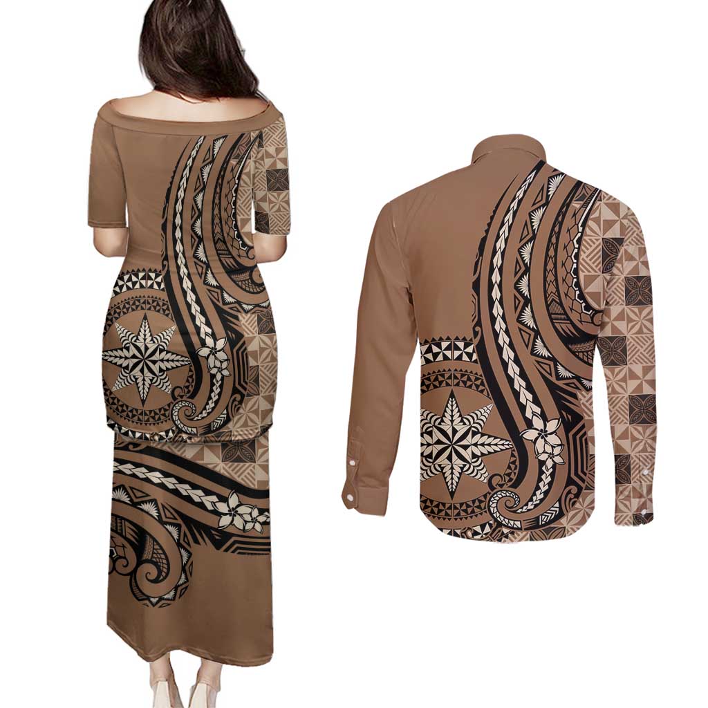 Personalized Tonga Ngatu Couples Matching Puletasi and Long Sleeve Button Shirt Vintage Brown Manulua Motifs