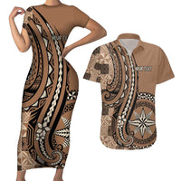 Personalized Tonga Ngatu Couples Matching Short Sleeve Bodycon Dress and Hawaiian Shirt Vintage Brown Manulua Motifs