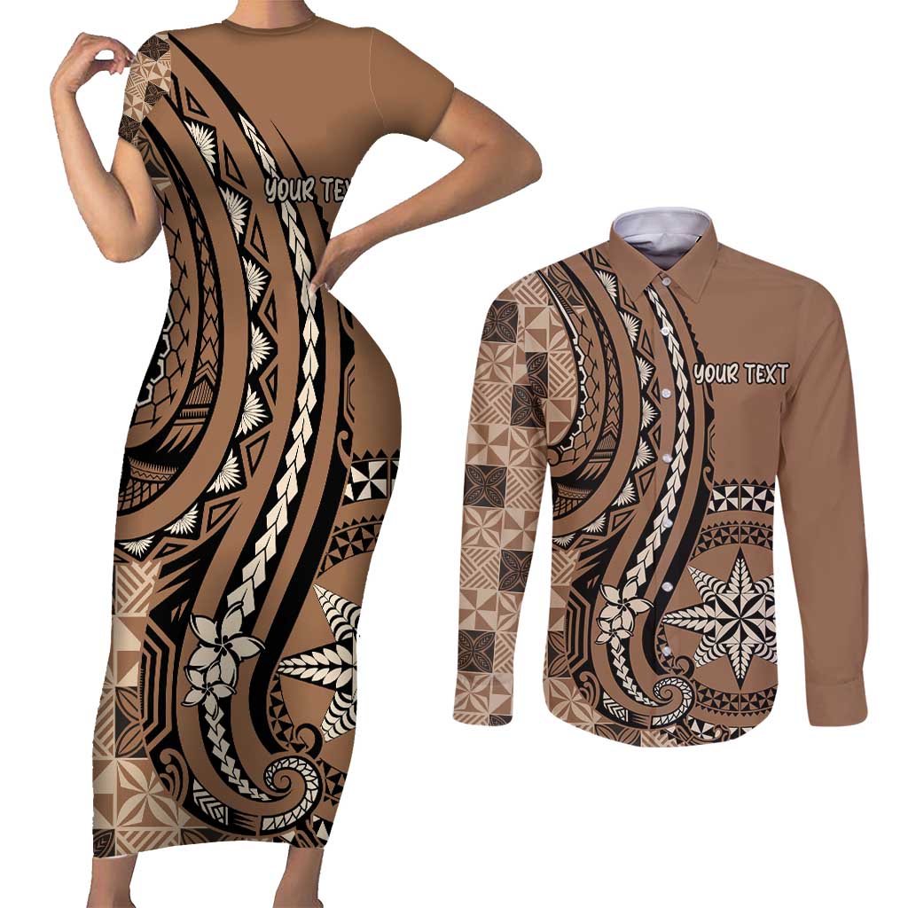 Personalized Tonga Ngatu Couples Matching Short Sleeve Bodycon Dress and Long Sleeve Button Shirt Vintage Brown Manulua Motifs