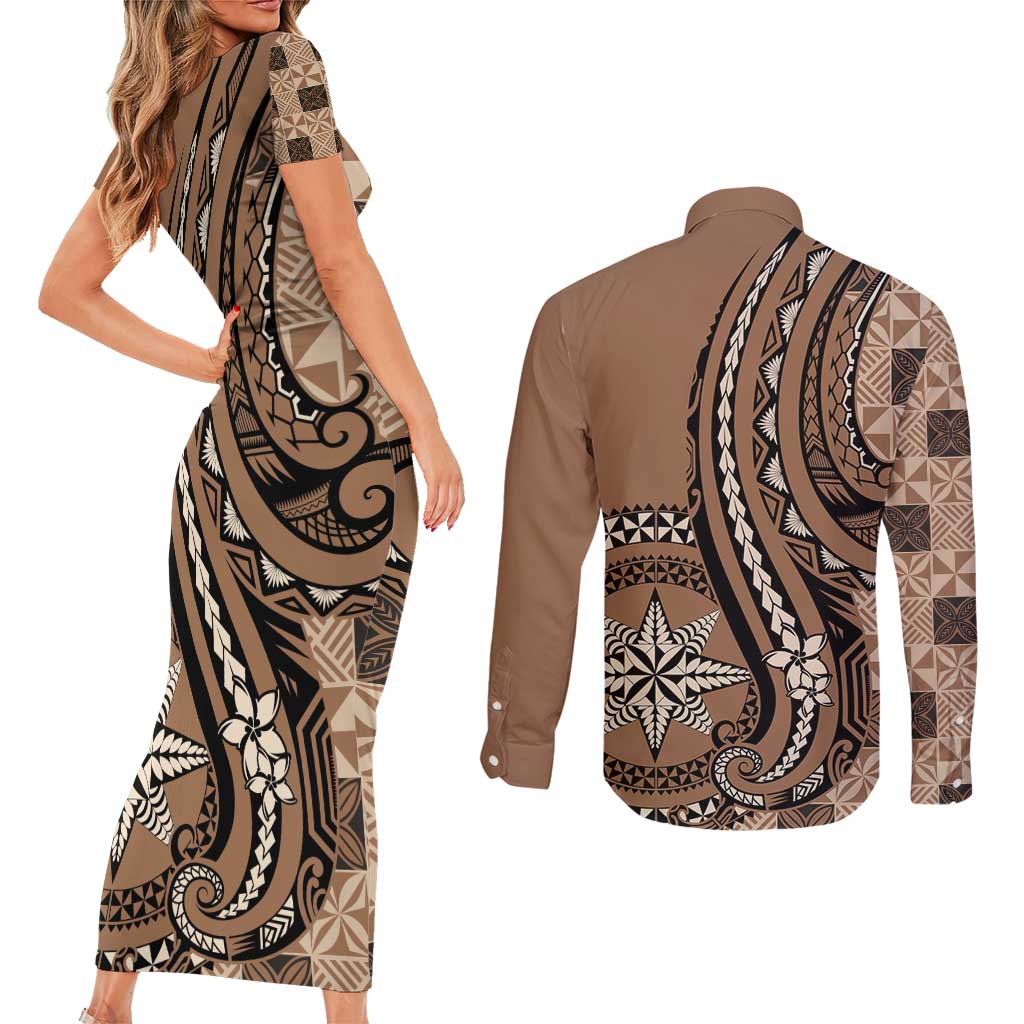 Personalized Tonga Ngatu Couples Matching Short Sleeve Bodycon Dress and Long Sleeve Button Shirt Vintage Brown Manulua Motifs