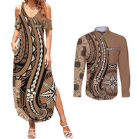 Personalized Tonga Ngatu Couples Matching Summer Maxi Dress and Long Sleeve Button Shirt Vintage Brown Manulua Motifs