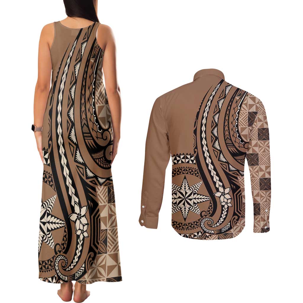 Personalized Tonga Ngatu Couples Matching Tank Maxi Dress and Long Sleeve Button Shirt Vintage Brown Manulua Motifs