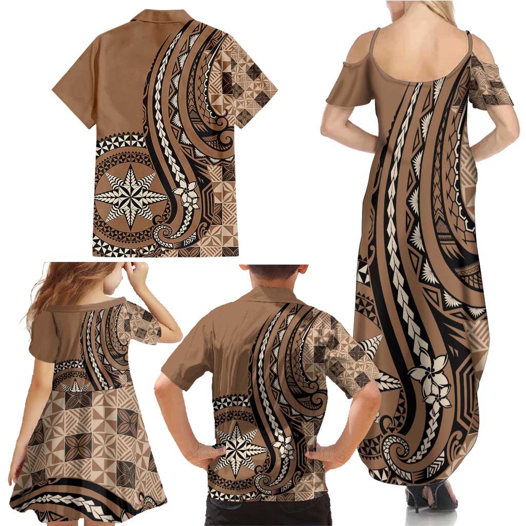 Personalized Tonga Ngatu Family Matching Summer Maxi Dress and Hawaiian Shirt Vintage Brown Manulua Motifs