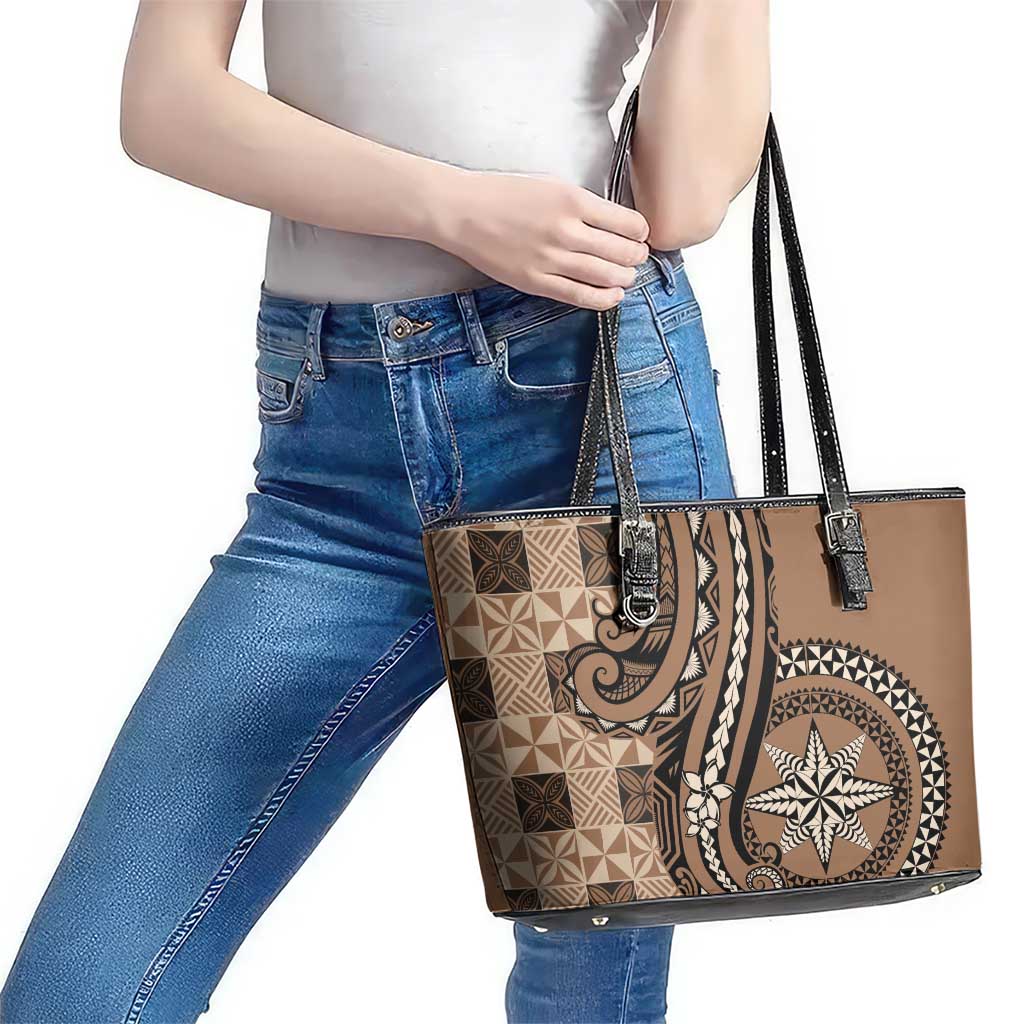 Tonga Ngatu Leather Tote Bag Vintage Brown Manulua Motifs