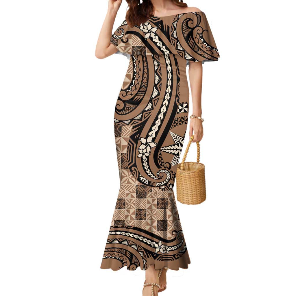 Personalized Tonga Ngatu Mermaid Dress Vintage Brown Manulua Motifs