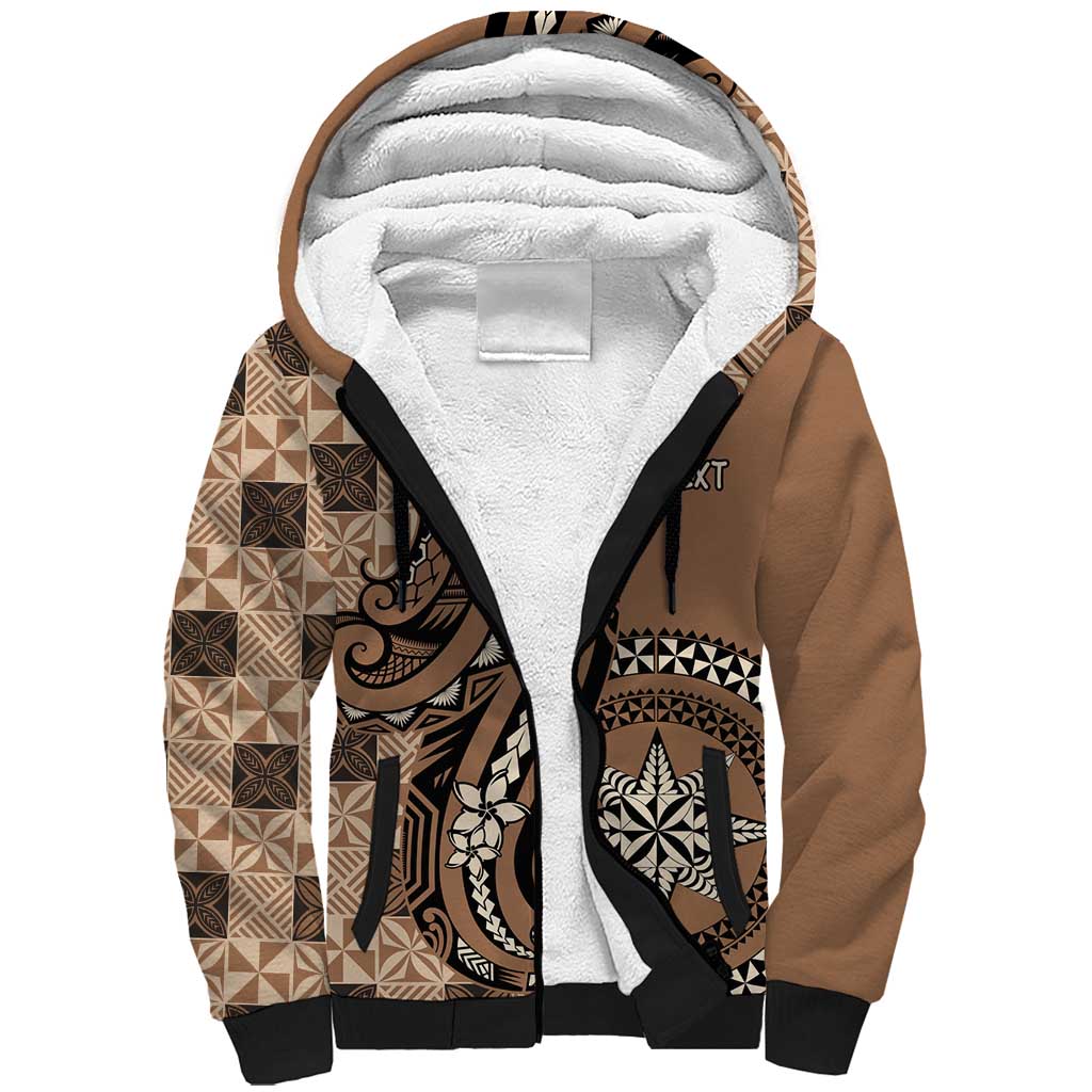 Personalized Tonga Ngatu Sherpa Hoodie Vintage Brown Manulua Motifs