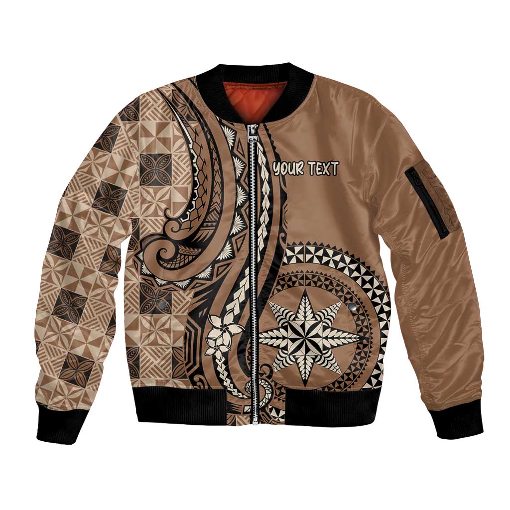 Personalized Tonga Ngatu Sleeve Zip Bomber Jacket Vintage Brown Manulua Motifs