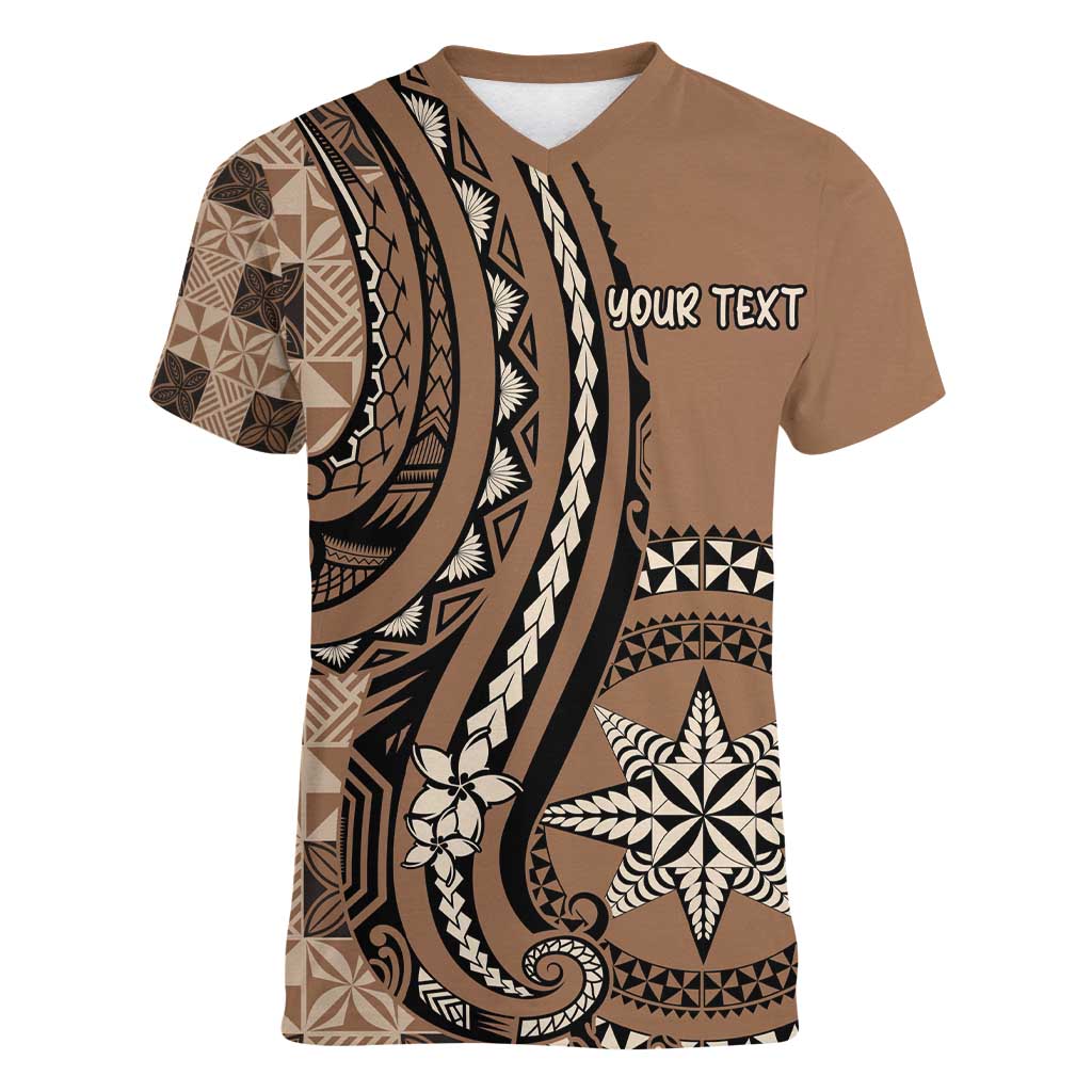 Personalized Tonga Ngatu Women V-Neck T-Shirt Vintage Brown Manulua Motifs