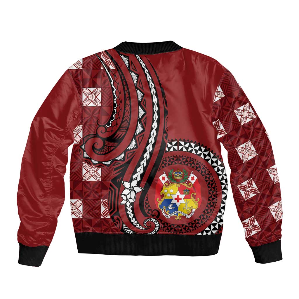 Personalized Tonga Ngatu Bomber Jacket Iconic Red Manulua Motifs