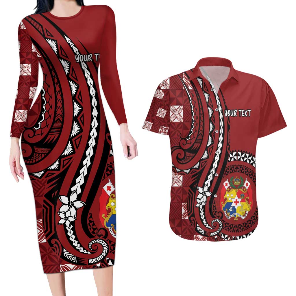 Personalized Tonga Ngatu Couples Matching Long Sleeve Bodycon Dress and Hawaiian Shirt Iconic Red Manulua Motifs