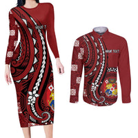 Personalized Tonga Ngatu Couples Matching Long Sleeve Bodycon Dress and Long Sleeve Button Shirt Iconic Red Manulua Motifs