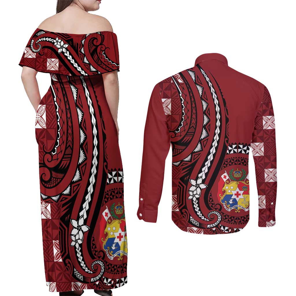 Personalized Tonga Ngatu Couples Matching Off Shoulder Maxi Dress and Long Sleeve Button Shirt Iconic Red Manulua Motifs