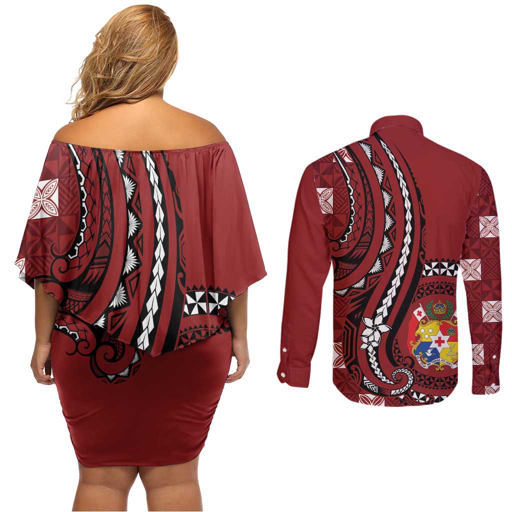 Personalized Tonga Ngatu Couples Matching Off Shoulder Short Dress and Long Sleeve Button Shirt Iconic Red Manulua Motifs