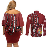 Personalized Tonga Ngatu Couples Matching Off Shoulder Short Dress and Long Sleeve Button Shirt Iconic Red Manulua Motifs
