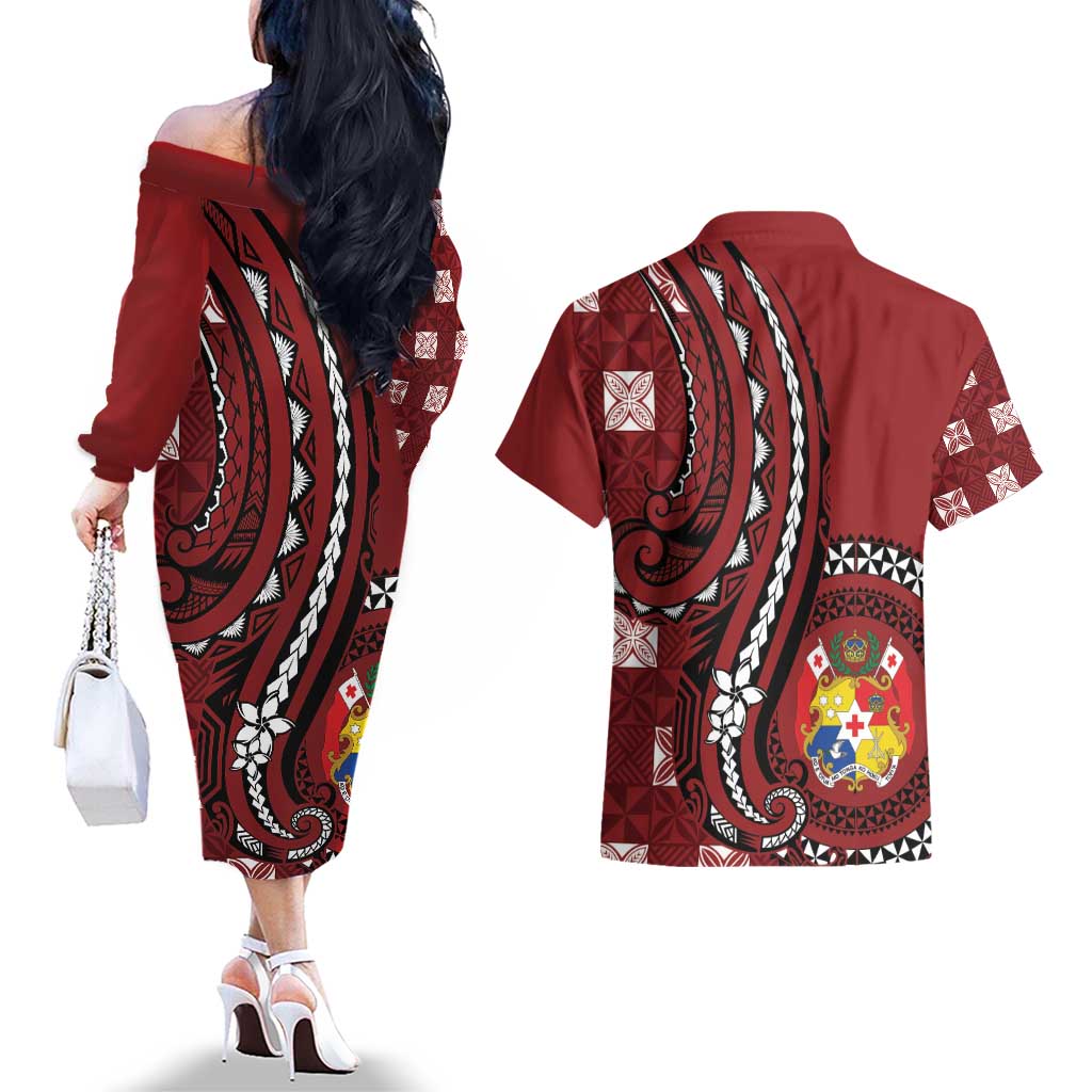 Personalized Tonga Ngatu Couples Matching Off The Shoulder Long Sleeve Dress and Hawaiian Shirt Iconic Red Manulua Motifs