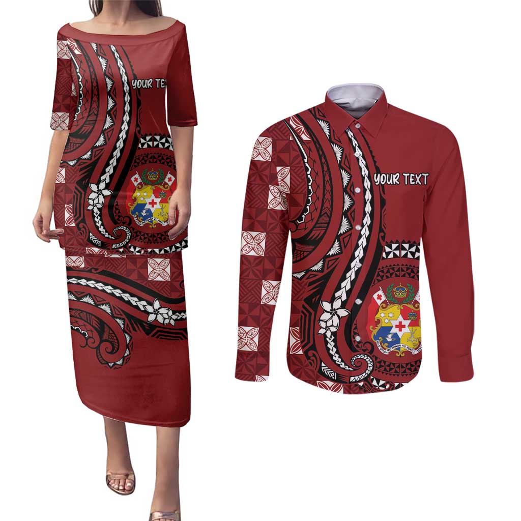 Personalized Tonga Ngatu Couples Matching Puletasi and Long Sleeve Button Shirt Iconic Red Manulua Motifs