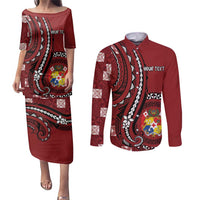 Personalized Tonga Ngatu Couples Matching Puletasi and Long Sleeve Button Shirt Iconic Red Manulua Motifs