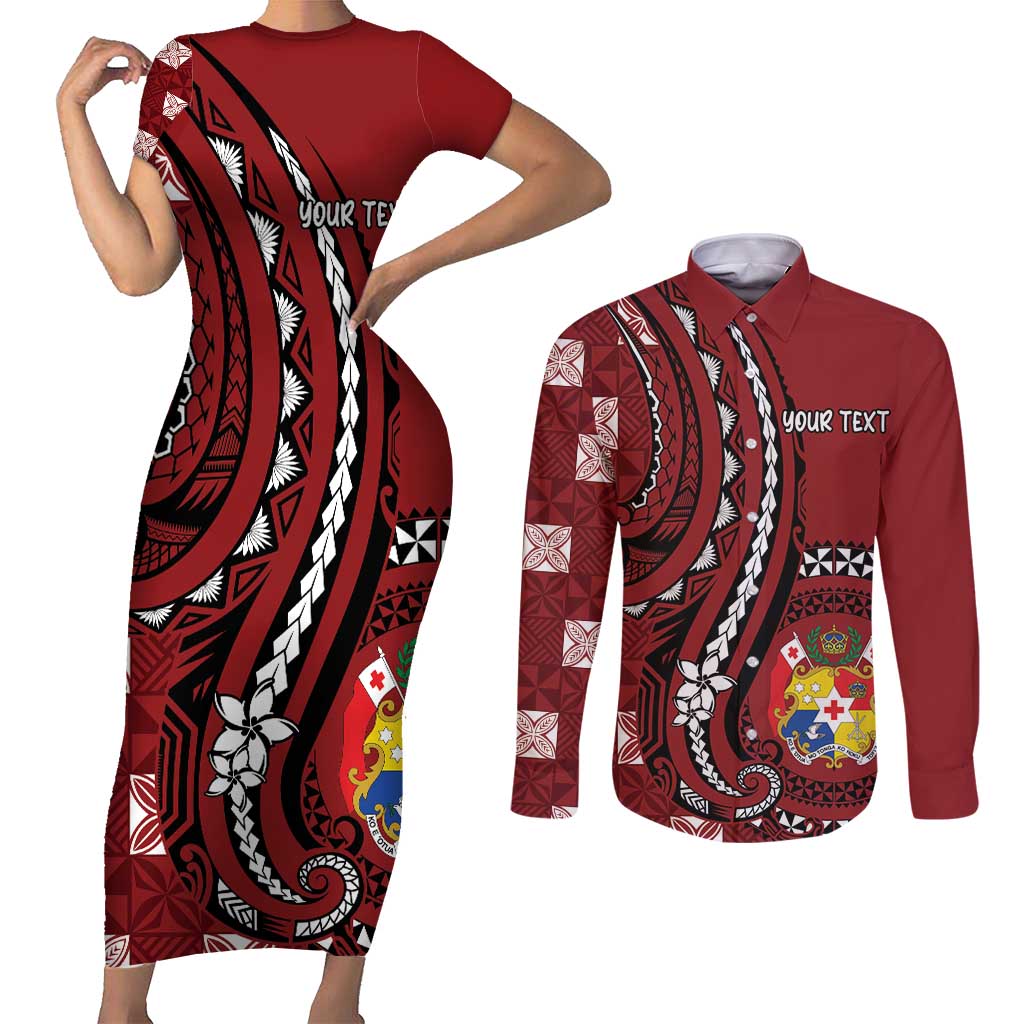 Personalized Tonga Ngatu Couples Matching Short Sleeve Bodycon Dress and Long Sleeve Button Shirt Iconic Red Manulua Motifs
