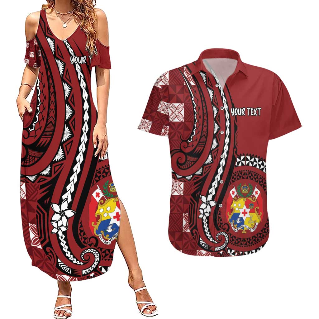 Personalized Tonga Ngatu Couples Matching Summer Maxi Dress and Hawaiian Shirt Iconic Red Manulua Motifs