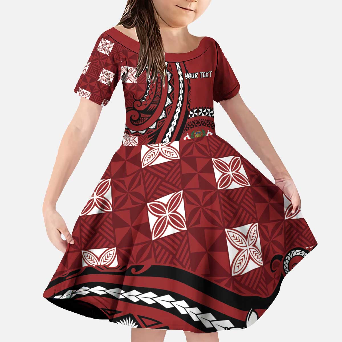 Personalized Tonga Ngatu Family Matching Off The Shoulder Long Sleeve Dress and Hawaiian Shirt Iconic Red Manulua Motifs