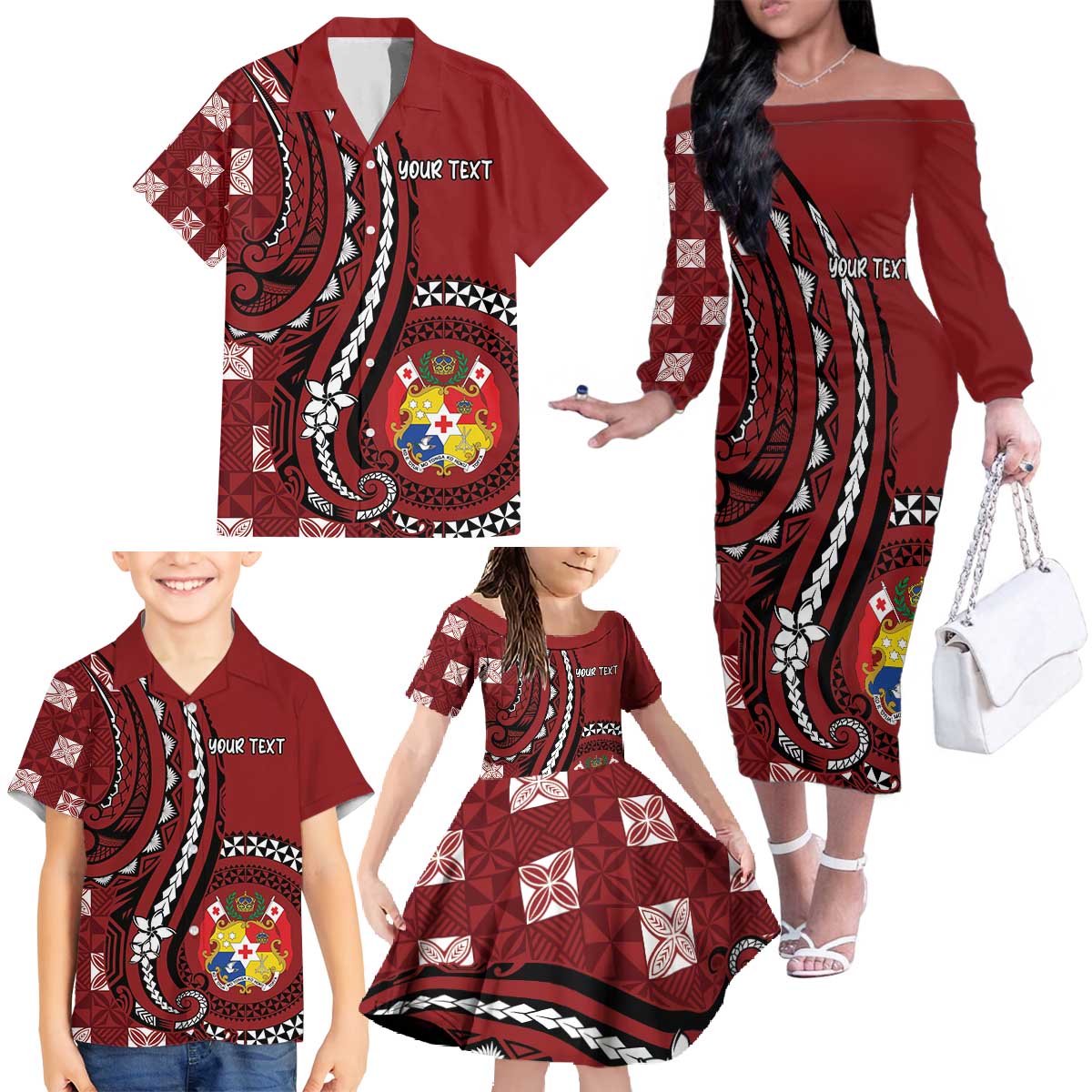 Personalized Tonga Ngatu Family Matching Off The Shoulder Long Sleeve Dress and Hawaiian Shirt Iconic Red Manulua Motifs