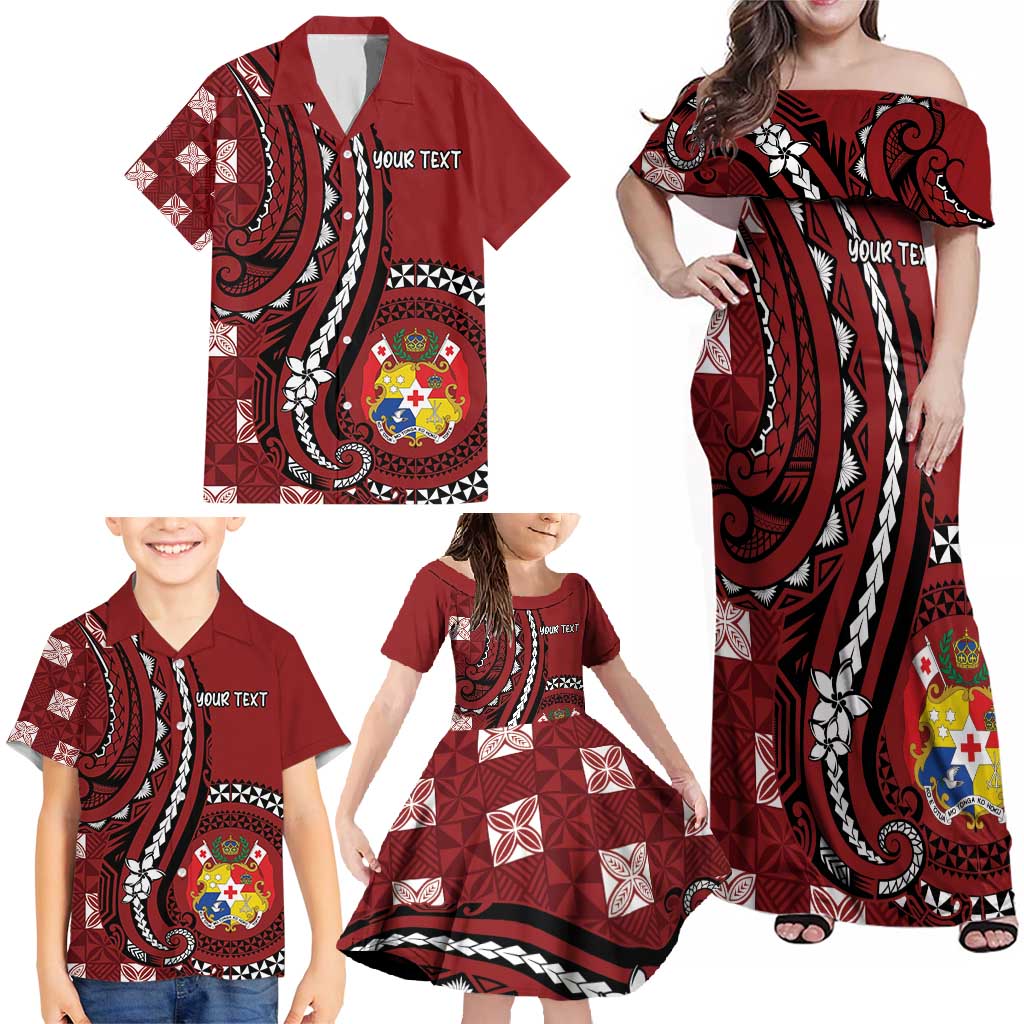 Personalized Tonga Ngatu Family Matching Off Shoulder Maxi Dress and Hawaiian Shirt Iconic Red Manulua Motifs