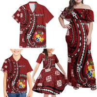 Personalized Tonga Ngatu Family Matching Off Shoulder Maxi Dress and Hawaiian Shirt Iconic Red Manulua Motifs
