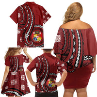 Personalized Tonga Ngatu Family Matching Off Shoulder Short Dress and Hawaiian Shirt Iconic Red Manulua Motifs