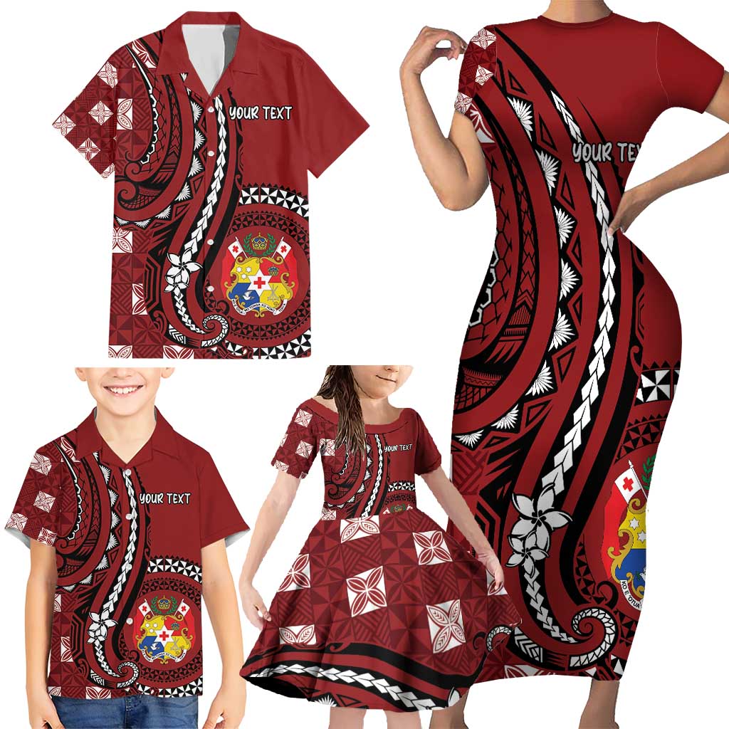 Personalized Tonga Ngatu Family Matching Short Sleeve Bodycon Dress and Hawaiian Shirt Iconic Red Manulua Motifs