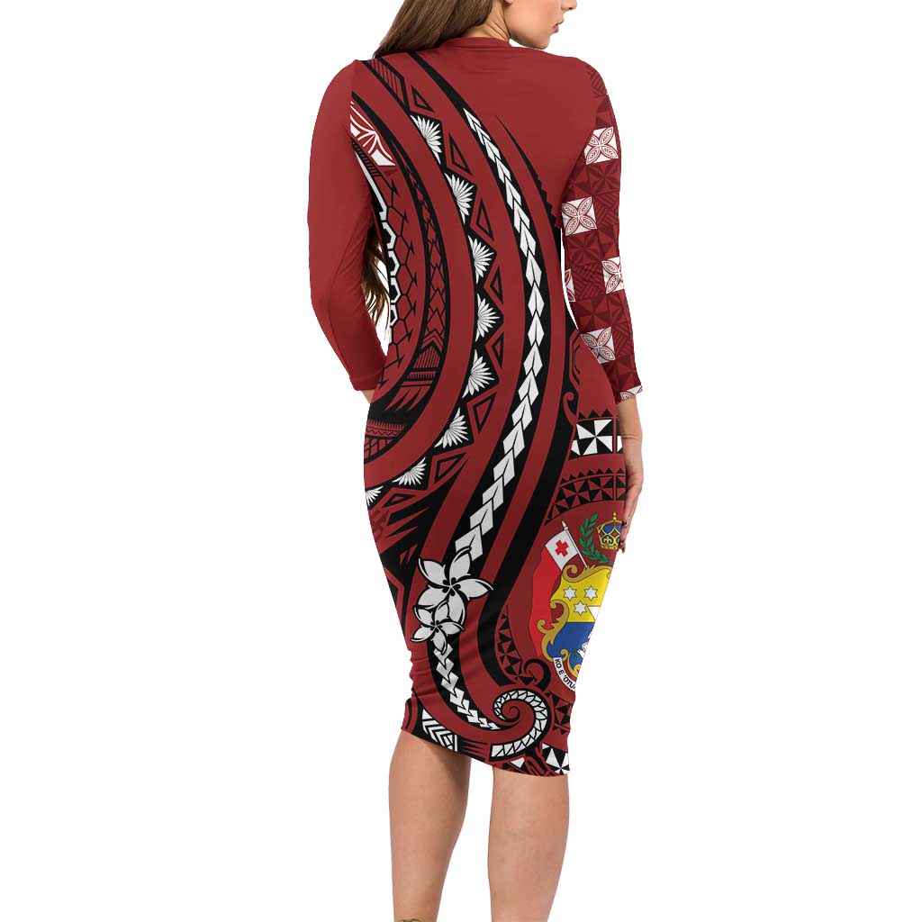 Personalized Tonga Ngatu Long Sleeve Bodycon Dress Iconic Red Manulua Motifs
