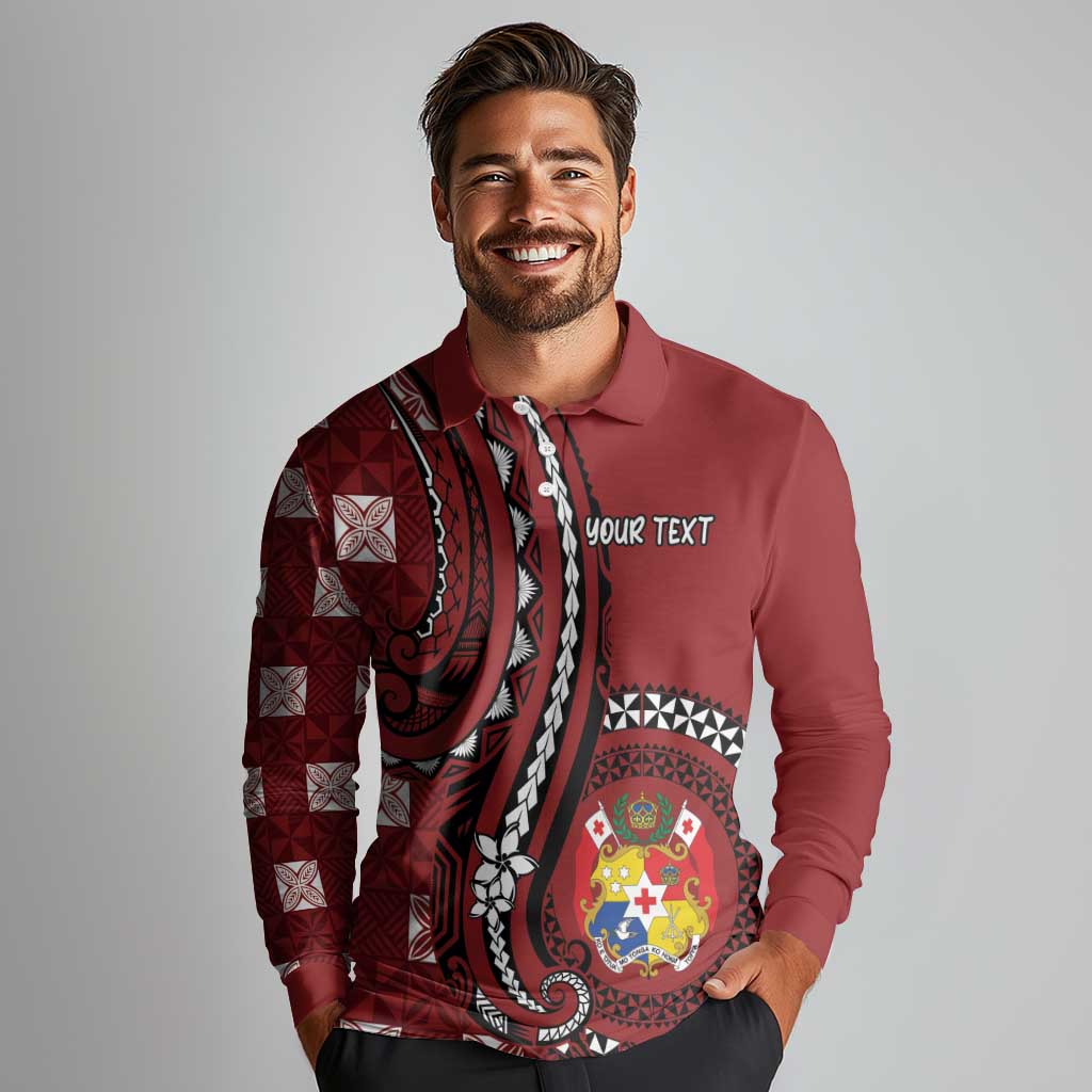 Personalized Tonga Ngatu Long Sleeve Polo Shirt Iconic Red Manulua Motifs