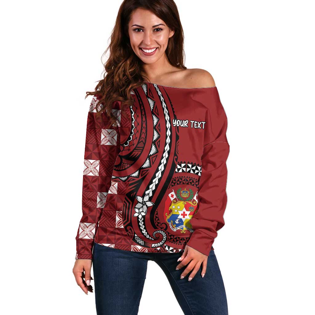Personalized Tonga Ngatu Off Shoulder Sweater Iconic Red Manulua Motifs