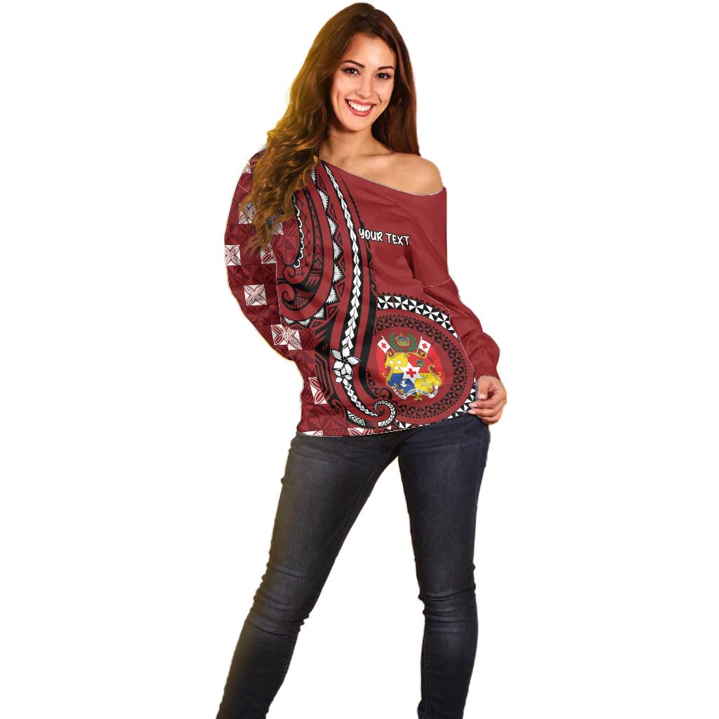 Personalized Tonga Ngatu Off Shoulder Sweater Iconic Red Manulua Motifs