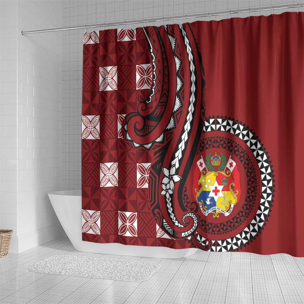 Tonga Ngatu Shower Curtain Iconic Red Manulua Motifs
