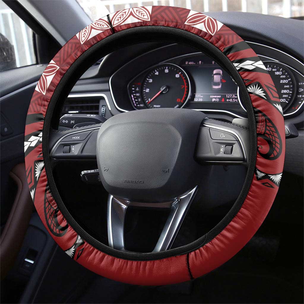 Tonga Ngatu Steering Wheel Cover Iconic Red Manulua Motifs