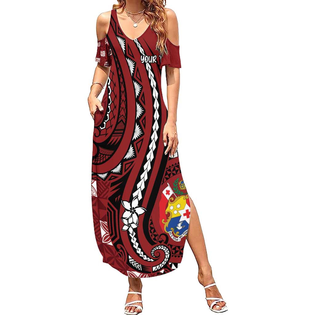 Personalized Tonga Ngatu Summer Maxi Dress Iconic Red Manulua Motifs