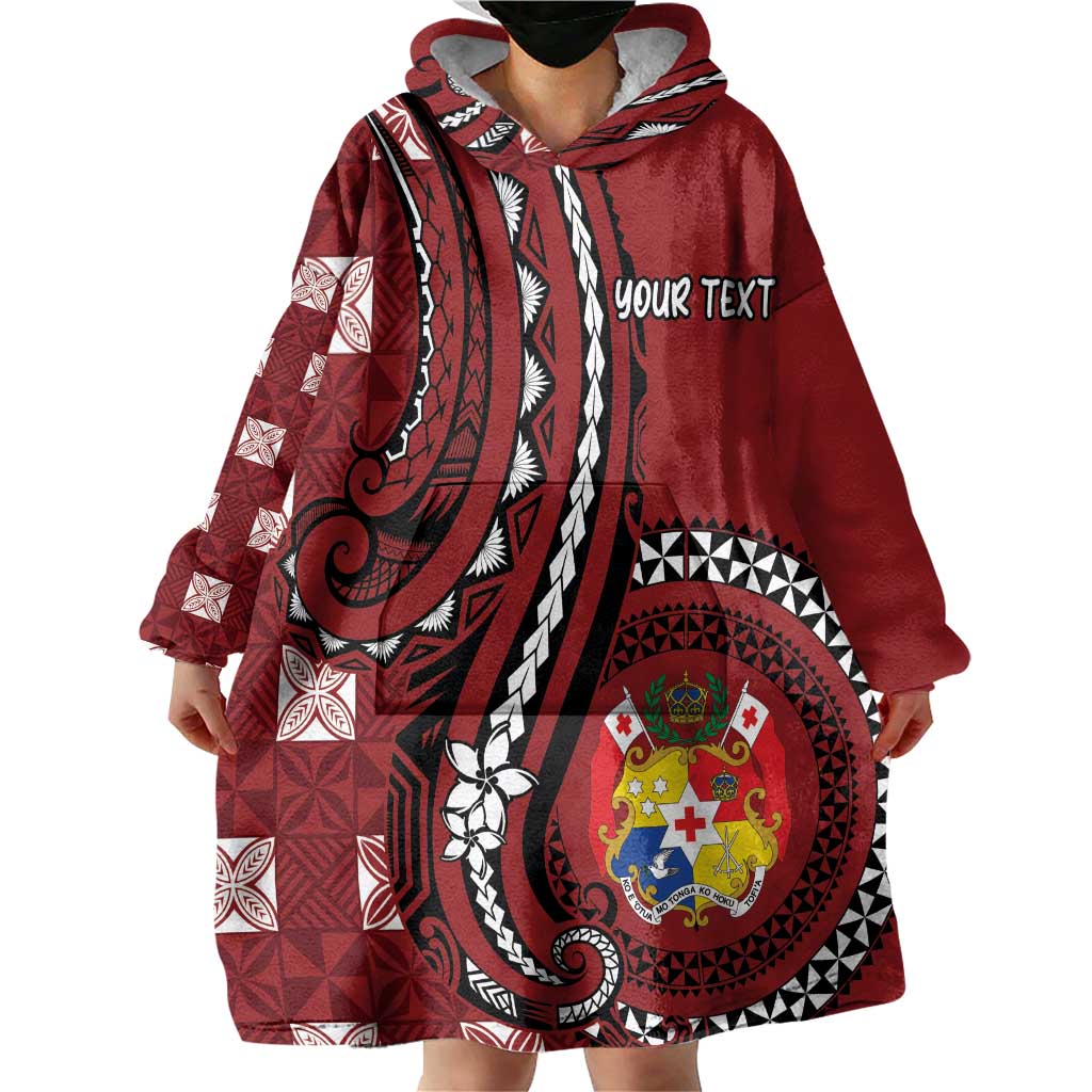 Personalized Tonga Ngatu Wearable Blanket Hoodie Iconic Red Manulua Motifs