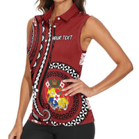 Personalized Tonga Ngatu Women Sleeveless Polo Shirt Iconic Red Manulua Motifs