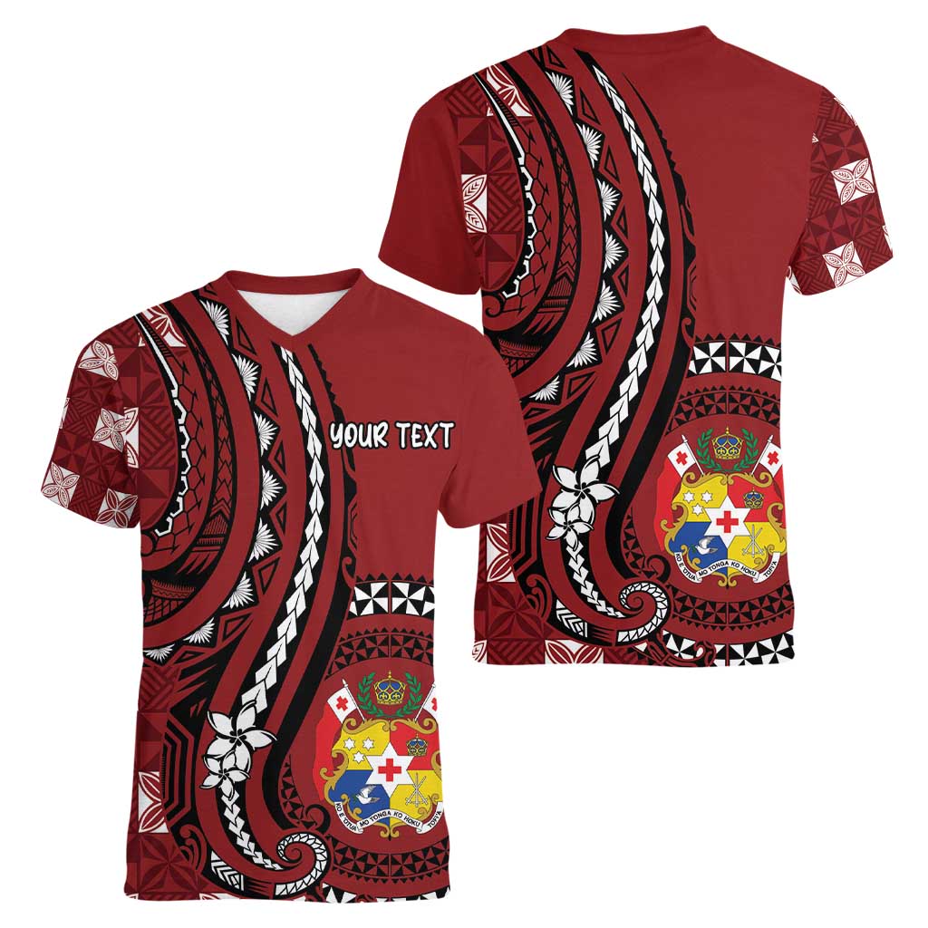 Personalized Tonga Ngatu Women V-Neck T-Shirt Iconic Red Manulua Motifs