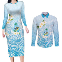 Guam Fishhook Mix Guasali Flowers Couples Matching Long Sleeve Bodycon Dress and Long Sleeve Button Shirt Dreaming Turquoise
